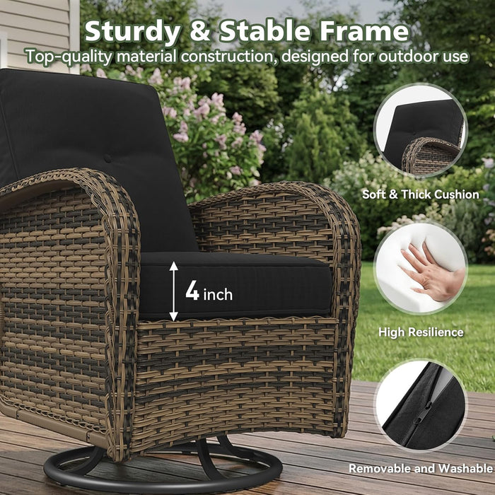 11 Piece Outdoor Patio Furniture Set with 44'' Fire Pit Table, Wicker Rattan Outdoor Furniture with High Back Swivel Rocker Chairs, Outdoor Sofa Set with Thick Cushion & Side Table, Black