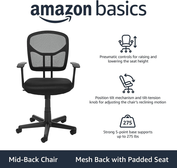 Mesh Mid-Back Adjustable-Height 360-Degree Swivel Office Desk Chair with Armrests, Lumbar Support and Easy to Assemble, Black