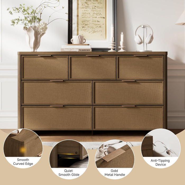 Rattan 7 Drawer Dresser for Bedroom, 55" Wide Curved Dressers & Chests of Drawers with 7 Deep Drawers, Large Boho Wooden Dresser W/Gold Metal Handles for Bedroom Living Room, Walnut