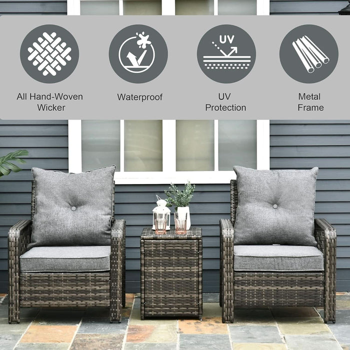 3 Piece Patio Furniture Set, PE Rattan Wicker Storage Table and Chairs W/Tufted Cushions for Outdoor Garden, Backyard, Poolside, Balcony, Gray