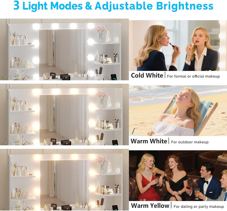 Fluted Vanity Desk with Mirror and Lights in 3 Modes and Charging Station, Makeup Vanity Table Set with 7 Drawers & Storage Shelves, Dressing Table with Chair for Bedroom, White