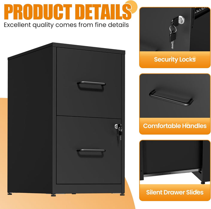 2 Drawer File Cabinet with Lock, Metal Vertical File Cabinets for Home Office, Office Furniture for Organization Hanging Legal/Letter/A4, Office File Cabinet Storage Cabinet, Require Assembly, Black