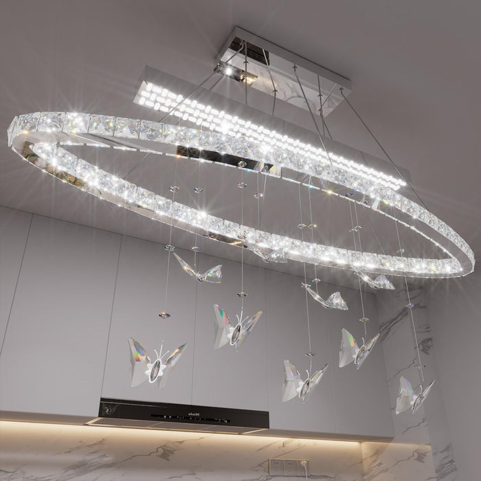 32 Inch Silver Crystal Butterfly Chandelier, Adjustable Hanging Linear Chandeliers, Oval Rings Chandelier for Dining Room, Living Room, Foyer