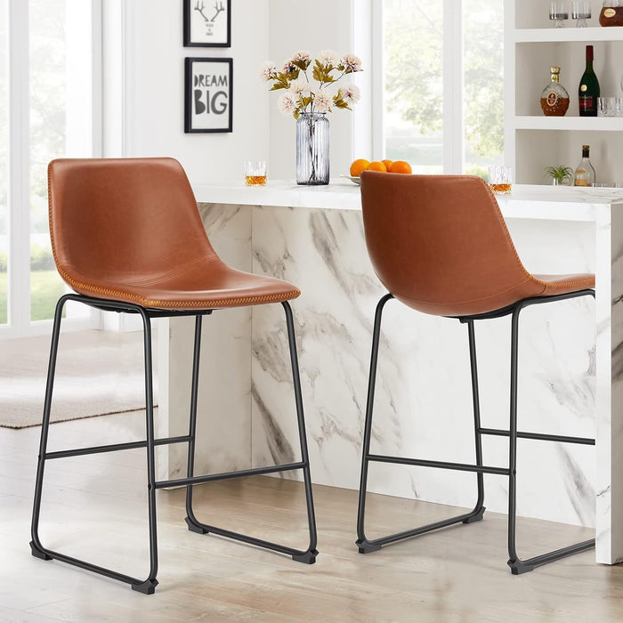 Counter Height Bar Stools Set of 4, Modern Counter Stool Faux Leather Barstools with Back, 26 Inch Seat Height Island Stools Countertop Comfortable Brown Bar Chairs with Metal Legs