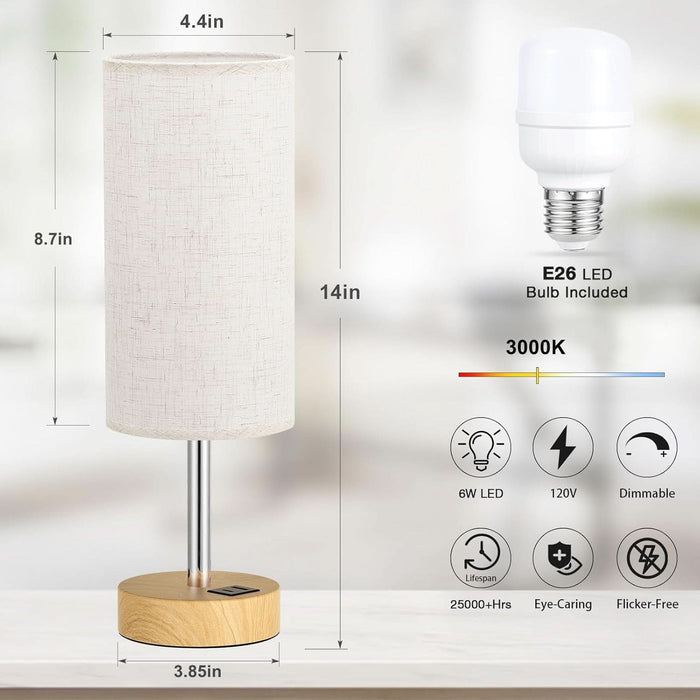 Touch Bedside Table Lamp with USB - 3 Way Dimmable Wood Lamp for Bedroom Nightstand, Desk Lamp with Charging Station for Dorm, Living Room, Office, Kids Room, Small, 14In
