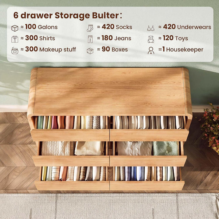 Modern 54" Wide 6 Drawers Dresser with Curved Profile Design,Oak