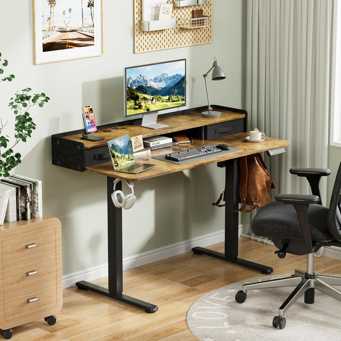 Electric Standing Desk with 2 Drawers, Adjustable Height Computer Desk with Monitor Shelf Sit Stand Table with Splice Board Quick Install for Home Office (Rustic Brown, 48 Inch)
