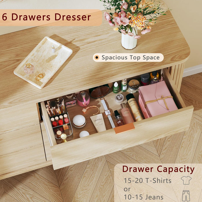 55" Wide Fluted 6 Drawers Dresser for Bedroom, Mid Century Modern Dresser & Chests of Drawers, Curved Profile Design, Dressers TV Stand, Wood Storage for Hallway, Entryway, Oak