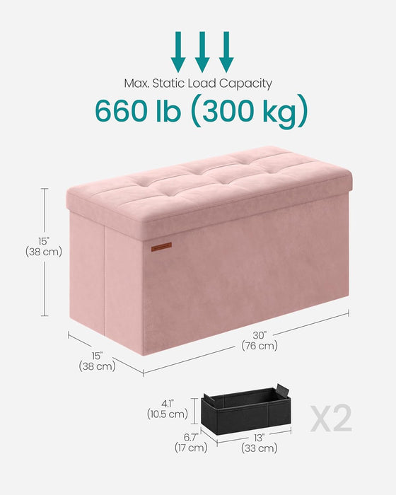 Mazie Collection - Storage Ottoman Bench, Foldable Foot Rest, 15 X 30 X 15 Inches, End of Bed Bench, Storage Chest, Load 660 Lb, Living Room, Bedroom, Entryway, Jelly Pink ULSF247R01