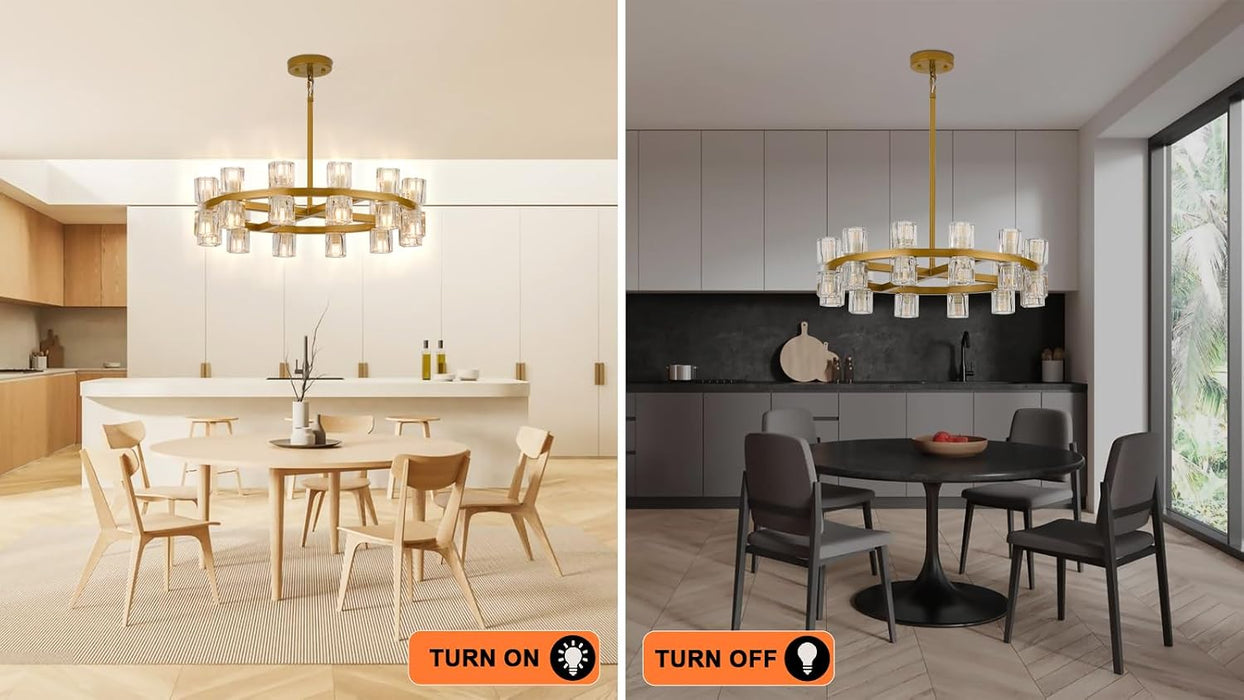 Modern 24 Inch Gold Crystal Wagon Wheel Chandelier, Large round 24-Light Pendant Lighting Fixture, Adjustable Height for High Ceilings Living Room, Dining Room, Foyer, Entryways (Gold-24In)