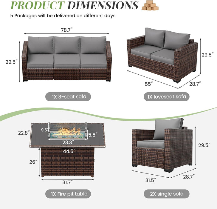 Oversized Outdoor Sectional Sofa Set with 44" Metal Fire Pit Table & Storage Coffee Table - Waterproof Wicker Patio Furniture Set, Modular Furniture with Removable Cushions (Grey)