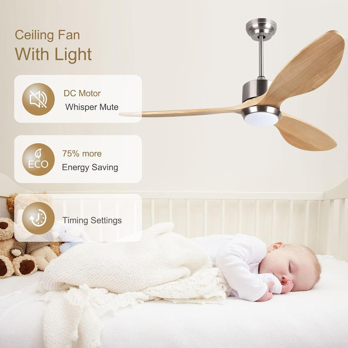 52 Inch Wood Ceiling Fans with Lights Remote Control, 6 Speed Quiet DC Motor 3 Blade Smart Ceiling Fan for Indoor Living Room Bedroom