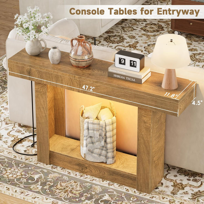 47.2" Farmhouse Wood Entryway Table with Outlet, 2-Tier Console Table with Sensor Light behind the Couch Sofa, Entrance Side Table for Hallway/Living Room/Foyer, Natural Oak
