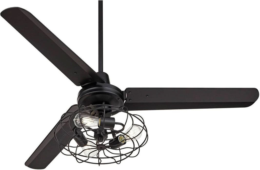 52" Plaza Rustic Industrial Vintage 3 Blade Ceiling Fan with Light Kit LED Remote Control Matte Black Cage 3-Light for House Bedroom Living Room Home Kitchen Dining Office
