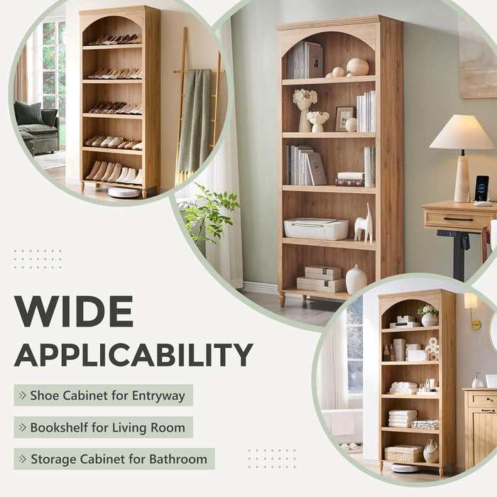 76" Tall Arched Bookcase, Farmhouse 5 Tiers Large Arched Bookshelf Cabinet with Adjustable Shelves, Modern Wooden Book Shelf W/Storage and Open Display Shelves for Living Room, Office-Natural