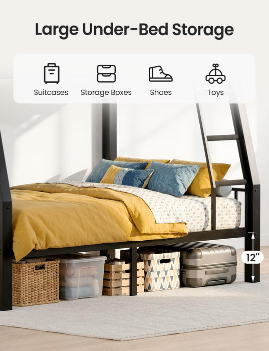 Full XL over Queen Bunk Bed for Adults, Heavy Duty Metal Queen Bunk Bed Frame with Reinforced Steel Slats, Full-Length Guardrails & Anti-Slip Ladder, Noise-Free, No Box Spring Needed, Black