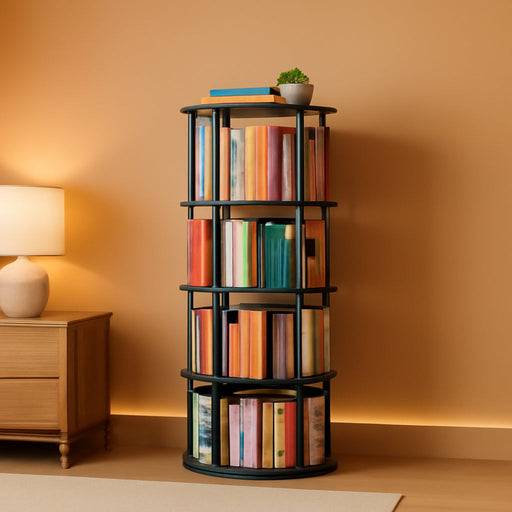 4 Tier Rotating Bookshelf Tower, 360 Display Stackable Spinning Bookcase, Space Saving Revolving round Book Shelf, Floor Standing Swivel Corner Organizer, Black