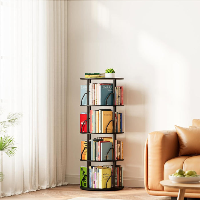 4 Tier Rotating Bookshelf Tower, 360 Display Stackable Spinning Bookcase, Space Saving Revolving round Book Shelf, Floor Standing Swivel Corner Organizer, Black