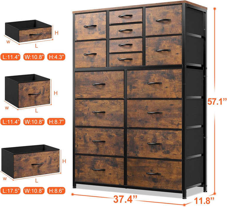 Rustic Brown Dresser Tower with 16 Drawers