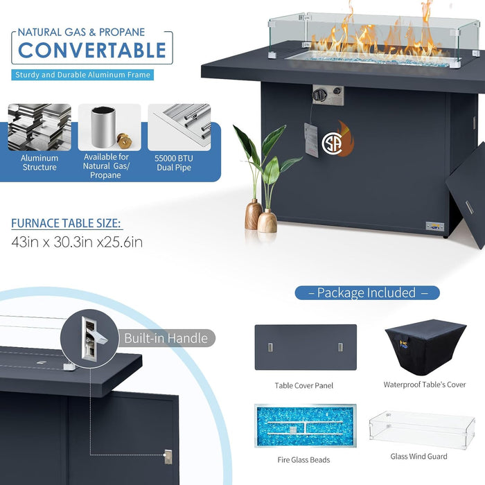 ® Modern Large Grey Aluminum Outdoor Patio Furniture Set with Fire Pit Table, 29'' Deep Wide Seating Conversation Sofa L Shaped Sectional Couch Set (6 Pieces, 5 Seats)