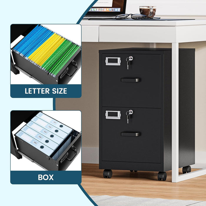 2 Drawer File Cabinet with Lock, Vertical Metal Filing Cabinets for Home Office, Lockable Storage File Cabinets under Desk, A4/Letter File Folders(Black)-Assembly Required