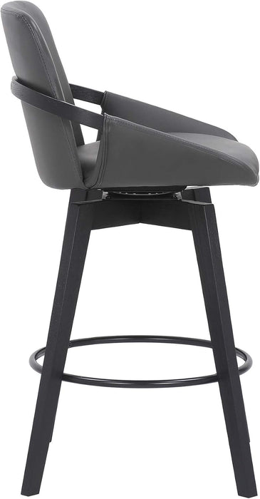 Baylor Mid Century Modern Swivel Bar Stool for Kitchen Island Counter in Gray Faux Leather and Black Wood, 26" Seat Height