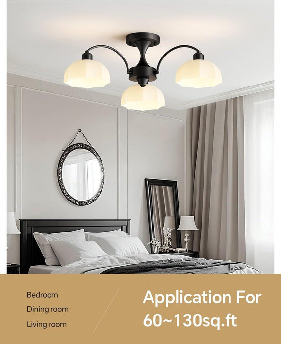 Milk Glass Chandelier Farmhouse Rustic Semi Flush Mount Ceiling Lamp Frosted White Globe Pendant Light Mid Century Modern Wood Grain Chandelier Sputnik Ceiling Light (3- Light- Black)