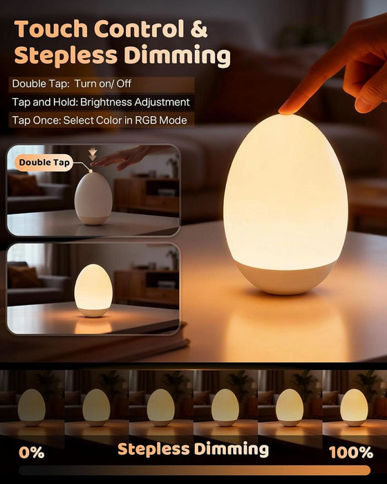 Egg Night Light for Nursery: Baby Night Lights Tap Lamp Stepless Dimming with Warm White and 7 RGB Colors Rechargeable Portable for Infant and Kids Bedroom Breastfeeding Sleep Aid