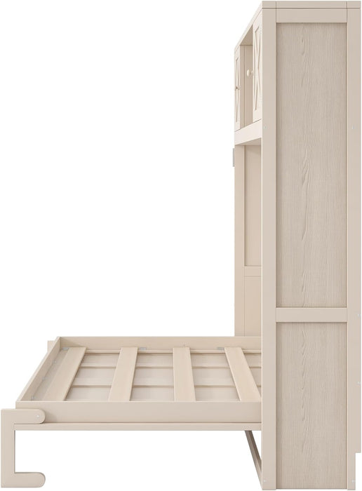 Full Size Murphy Bed with Storage Cabinets, Rustic Solid Wood Wall Bed with 3 Cabinet Shelves, Space Saving Foldable Bed for Studio Apartment, Guest Room, Home Office, Beige