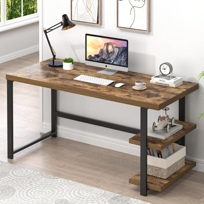 Modern Computer Desk, Home Office Desk with Storage Shelf, Wood Study Writing Table Workstation for Bedroom Living Room, Rustic Brown, 53 Inch