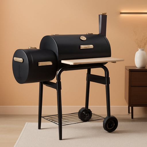 Offset Smoker BBQ Grill with Side Firebox, Charcoal and Wood Burning Smoker for Outdoor Cooking, Backyard Parties, and Grilling, Includes Thermometer and Wheels