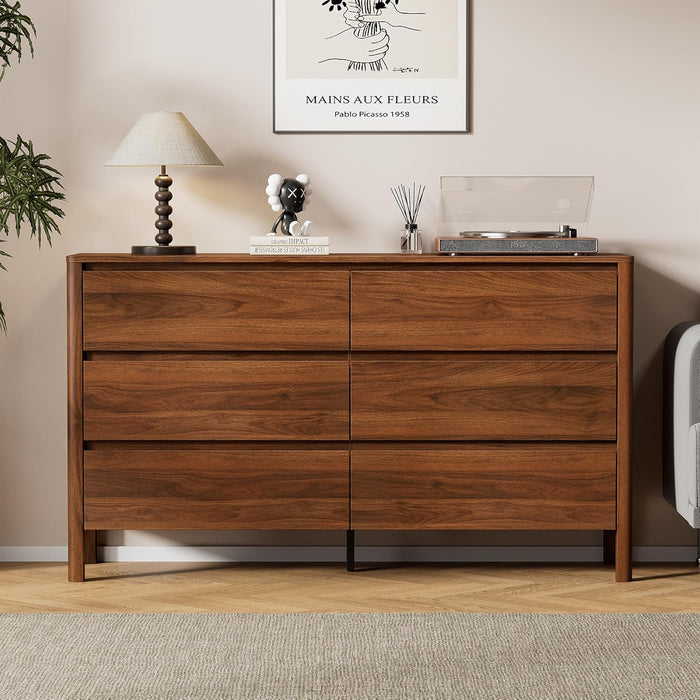 55" Mid-Century Modern Dresser for Bedroom, 6 Drawer Wide Chest of Drawers with Wood Legs, Large Storage Bedroom Dresser, Walnut