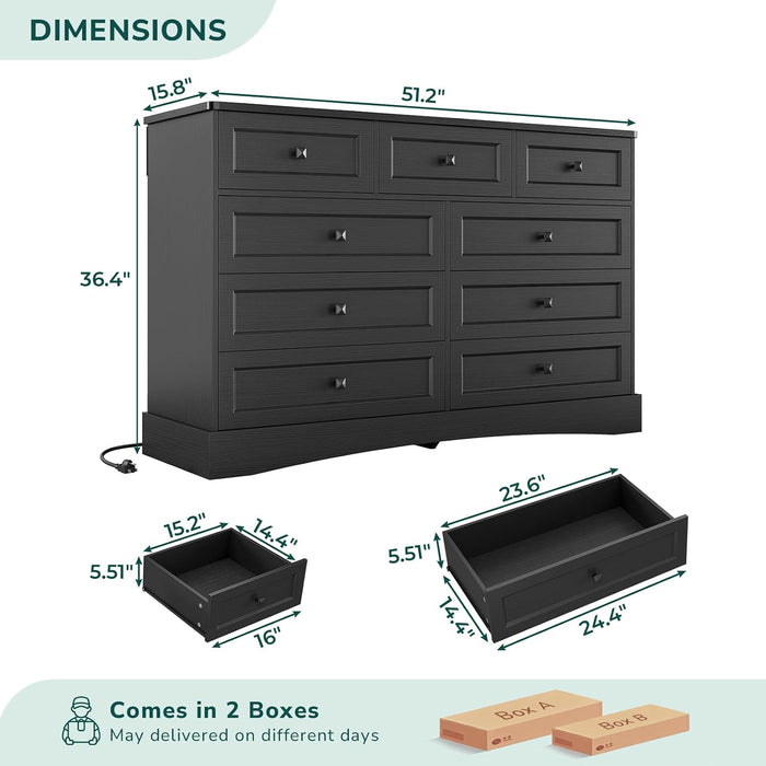 Black Dresser for Bedroom with 9 Drawers, 51.2" Large Drawer Dresser with Charging Station, Wide Farmhouse Chest of Drawers, Wooden Storage Tower Organizer, Dressers for Bedroom Closet