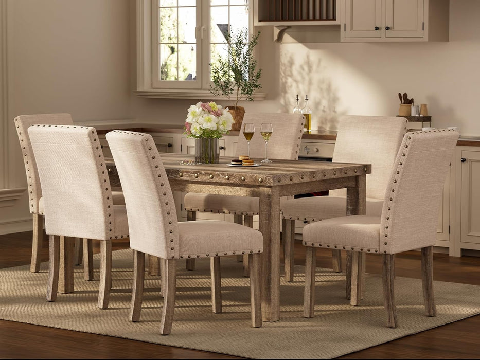Rustic Dining Table Set for 6, Farmhouse Kitchen Dining Chairs for 6, Charming 60" Rectangular Wooden Table&6 Upholstered Chair with Nailhead Accents for Dining Hub,Breakfast Nook