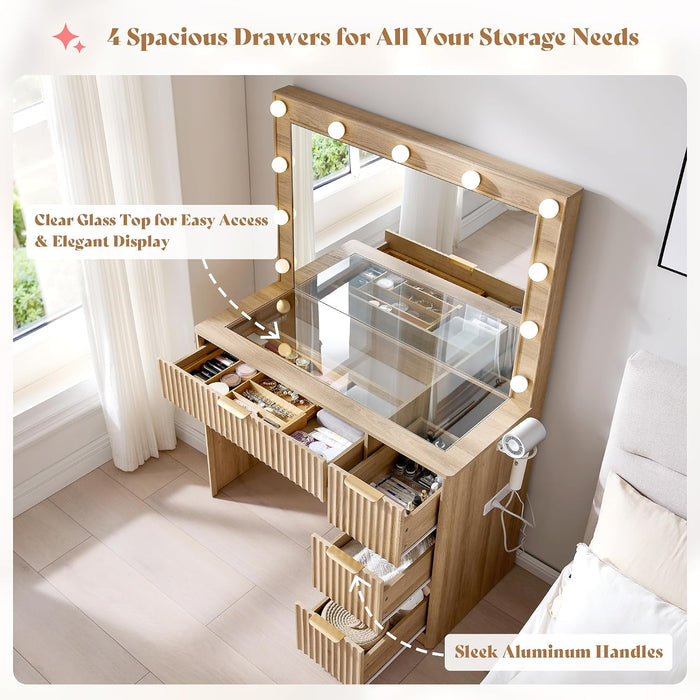 36InchesWide Fluted Vanity Desk With Premium Mirror