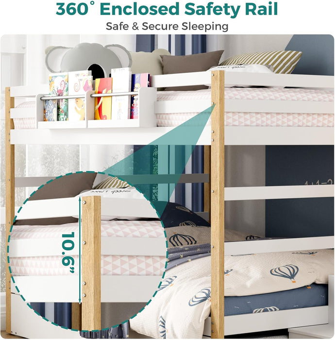 Full over Full Bunk Bed with Trundle and Storage Stairs, Solid Wood Bunk Bed with Foldable Desk, No Box Spring Needed, for Kids, Teens & Adults (White+Wood)