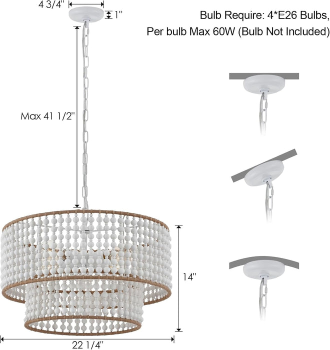 Dia 22 Inch Boho Wood Bead Chandelier Farmhouse, Bohemia Dining Room Light Fixture over Table, White Bead Pendant Chandelier for Bedroom Kitchen Hallway Entryway Nursery Living Room Foyer