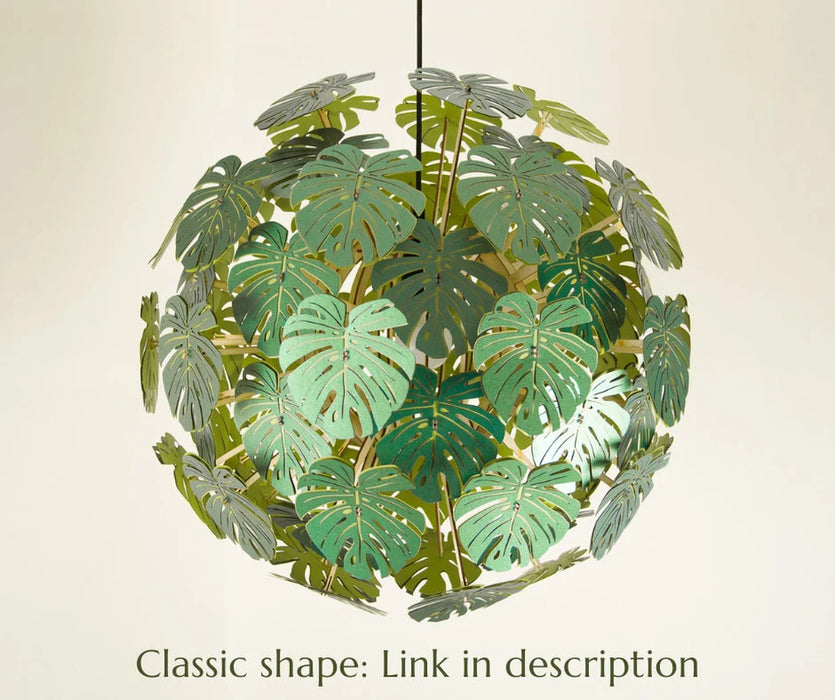 Monstera Lamp, Drum Lampshape, Tropical Chandelier Lighting for a Dining Room, Green Ceiling Light Fixture.