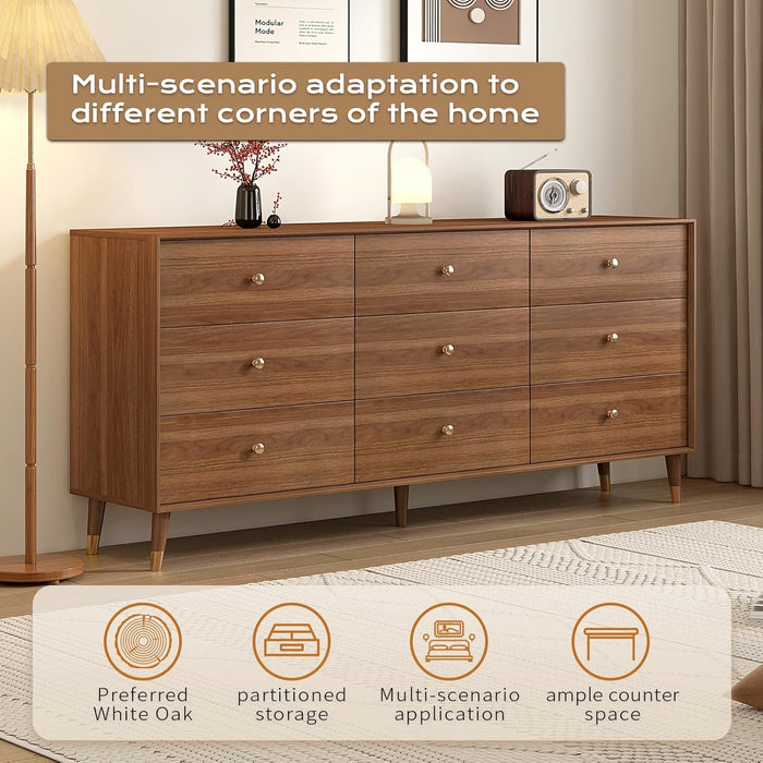 Mid Century Modern 9-Drawer Dresser, 63 Inch Wide Solid Wood Frame Chest, Walnut Finish, Beveled Design, Heavy-Duty Drawer Glides, Storage Cabinet for Bedroom, Living Room, TV Stand