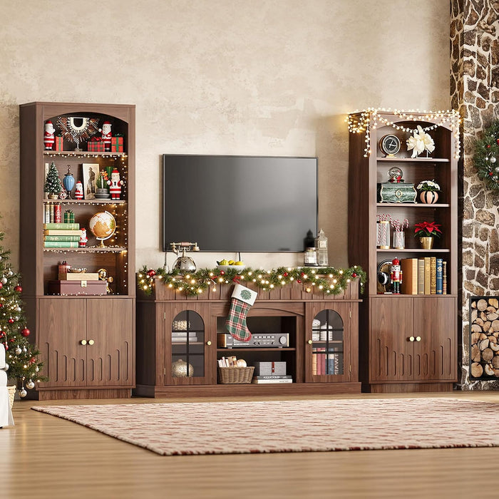 Book Shelf and Bookcases with Doors Floor Standing 6 Shelf Display Storage Shelves, 70.8" Tall Bookcase for Home Office, Living Room, Mid-Century Modern, Walnut Brown