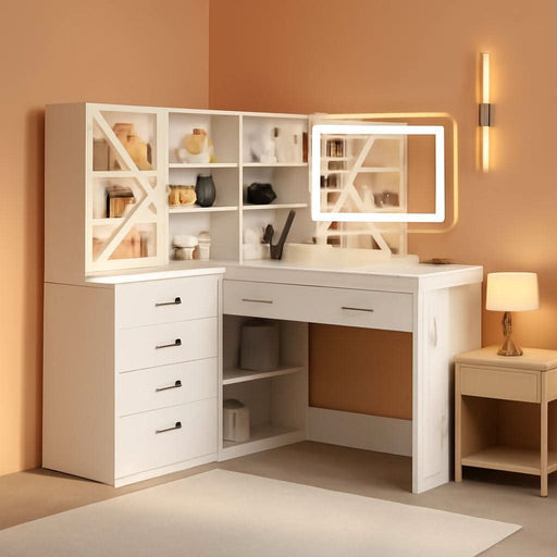 L-Shaped Corner Vanity Desk with LED Lighted Mirror & Charging Station, White Makeup Vanity with 6 Drawers & Sliding RGB Cabinet, Large Farmhouse Dressing Table with Open Storage Shelves for Women