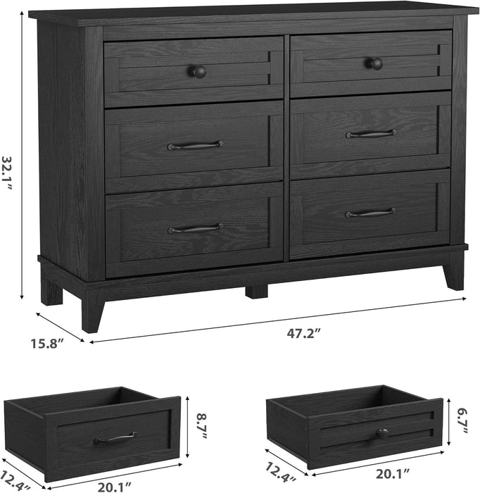 6 Dresser for Bedroom, 47 in Wide Drawer Dresser with Storage Freestanding, Wooden Closet Storage Chest for Living Room, Bedroom, Entryway, Black