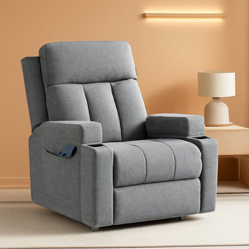 Fabric Manual Recliner Chair with Massage and Heat, Comfy Reclining Chairs with Overstuffed Arm and Back, Single Sofa with 2 Cup Holders, Side Pocket for Living Room (1, Light Grey)