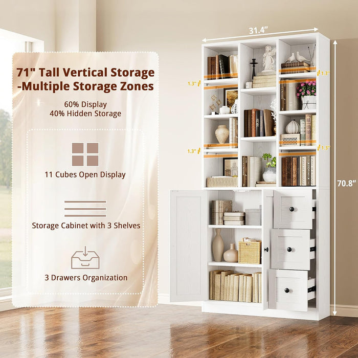 Bookshelf with 2 Doors and 3 Drawers, 71" Storage Bookcase, White