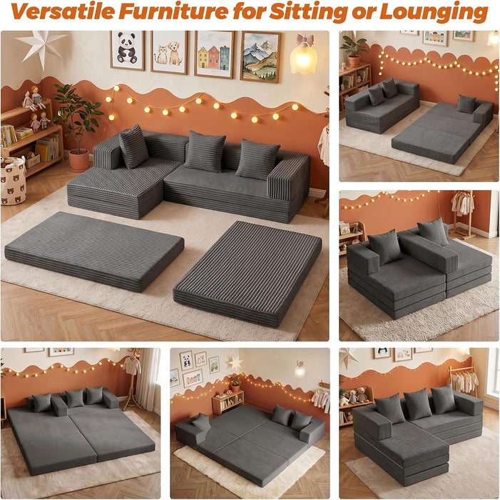 6-In-1 Tri-Folding Mattress | Cloud Boneless L-Shaped Modular Sectional Couches | Corduroy Pet-Friendly Convertible Futon Sofa Bed with 800LB Capacity Apartment, Guest Room, Game Room