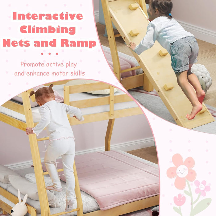 TwoTier Overhead Queen SolidWood Bunk Bed ClimbingNets