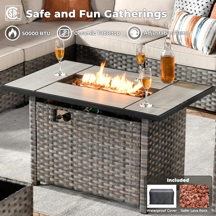 9 Pieces Patio Furniture Set, Outdoor Sectional Sofa with Swivel Rocking Chair, 42" Fire Pit Table, Wide Arms and Deep Seat, Modular Wicker Rattan Conversation Set, Beige