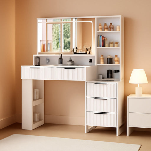 Fluted Vanity Desk with Mirror and Lights,48" Large Makeup Vanity Desk with Charging Station,Dressing Table with 4 Drawers & 3 Open Storage Shelves, Glass Top for Bedroom,Peal White
