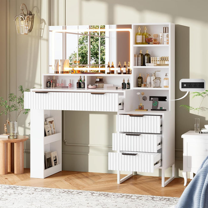 Fluted Vanity Desk with Mirror and Lights,48" Large Makeup Vanity Desk with Charging Station,Dressing Table with 4 Drawers & 3 Open Storage Shelves, Glass Top for Bedroom,Peal White