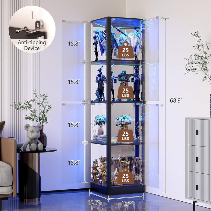 Corner Display Cabinet with Glass Doors, 68" Display Case with LED Lights, 4-Tier Curio Cabinets for Collectibles, Toys, Books, Modern Storage Cabinet, Black